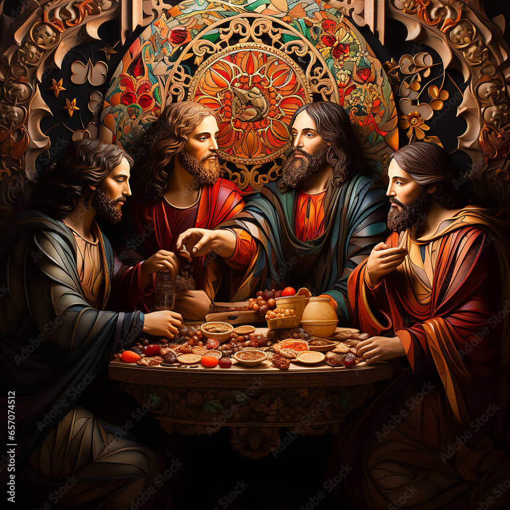 View of Jesus and some of his apostles around a table Stock Photo ...