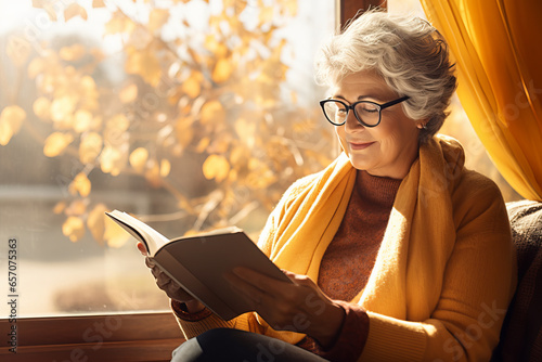 Beautiful senior lady reading a book by a window on sunny autumn day. Elderly woman enjoying nice fall weather. photo