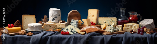 A blue cheese plate with cheese panorama with French, Italian, and Spanish cheeses