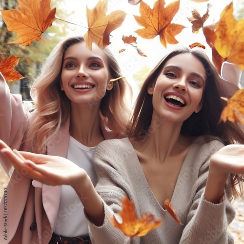 Two women with autumn leaves, friends, smiling, Fall, leaves