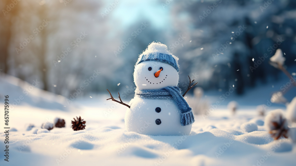 Little snowman in forest with hat and scarf in the snow, winter is coming, carrot nose