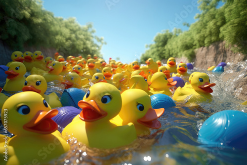 A large group of yellow, happy rubber ducks are having fun in a pond. photo