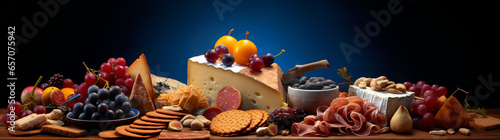 A blue cheese plate with cheese panorama with French, Italian, and Spanish cheeses