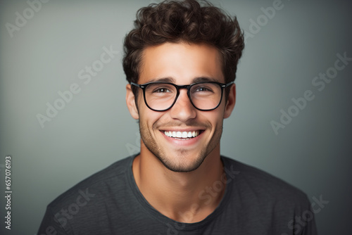 Portrait of an attractive young man wearing eyeglasses. Head shot of smiling person wearing glasses.