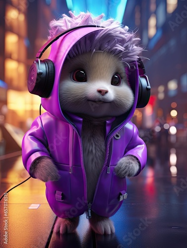 Neo-Cyberpunk Wombat wearing Purple in a Futuristic Urban Setting