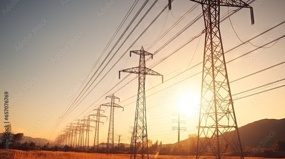 Large group of high voltage electric poles at sunset, natural light