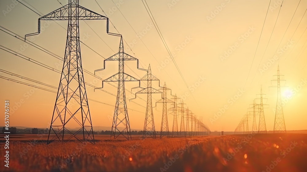 Large group of high voltage electric poles at sunset, natural light
