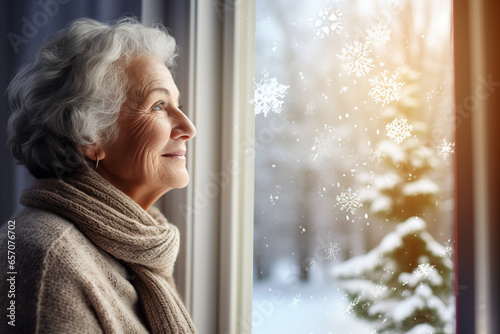 Beautiful senior lady reading a book by a window on sunny winter day. Elderly woman enjoying nice winter weather.