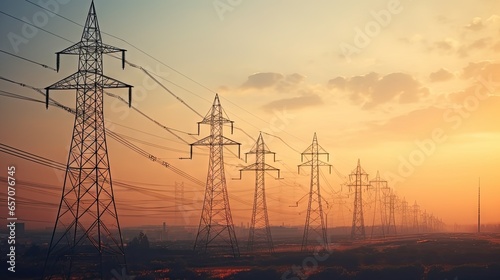 Large group of high voltage electric poles at sunset, natural light