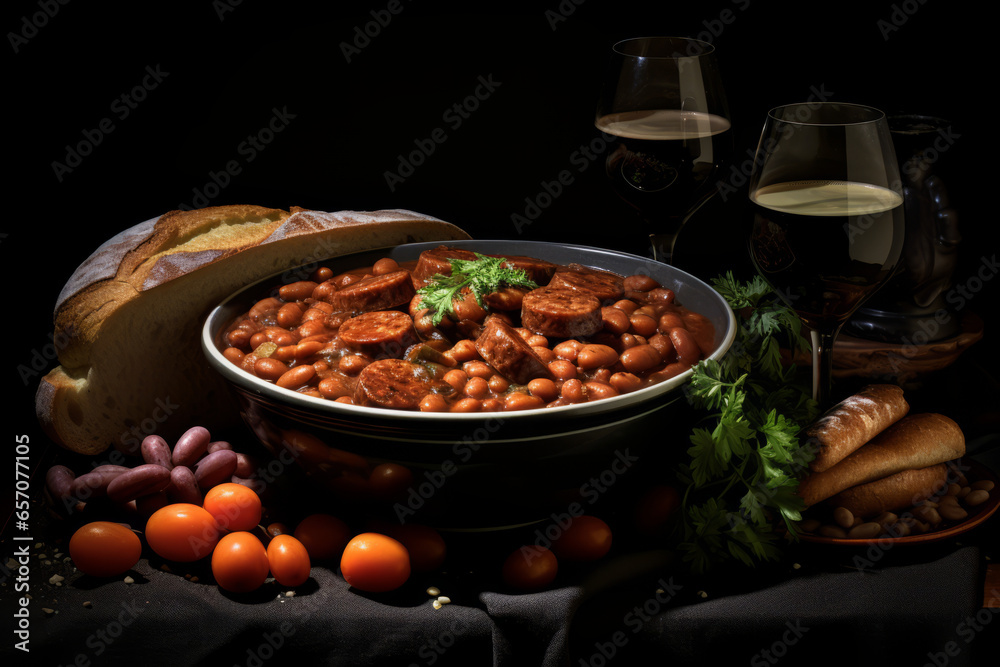 Delicious cowboy stew of beans with ground beef, bacon and sliced sausage in a spicy sauce closeup in a bowl