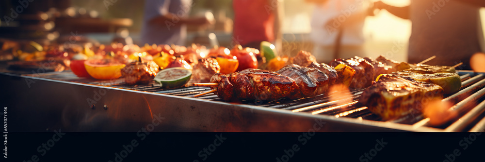 Close up view of barbecued chicken skewers and veg, with people in the background