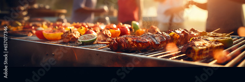Close up view of barbecued chicken skewers and veg  with people in the background