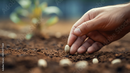 Close-up of a human hand planting grains or seeds in the soil ground. Gardening, agriculture, growing plants and flowers. 