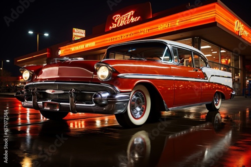 Retro diner with neon signs and vintage cars, Generative AI