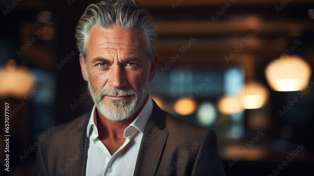 Handsome confident senior manager or business owner indoors, copy space banner. Portrait of a successful middle-aged businessman