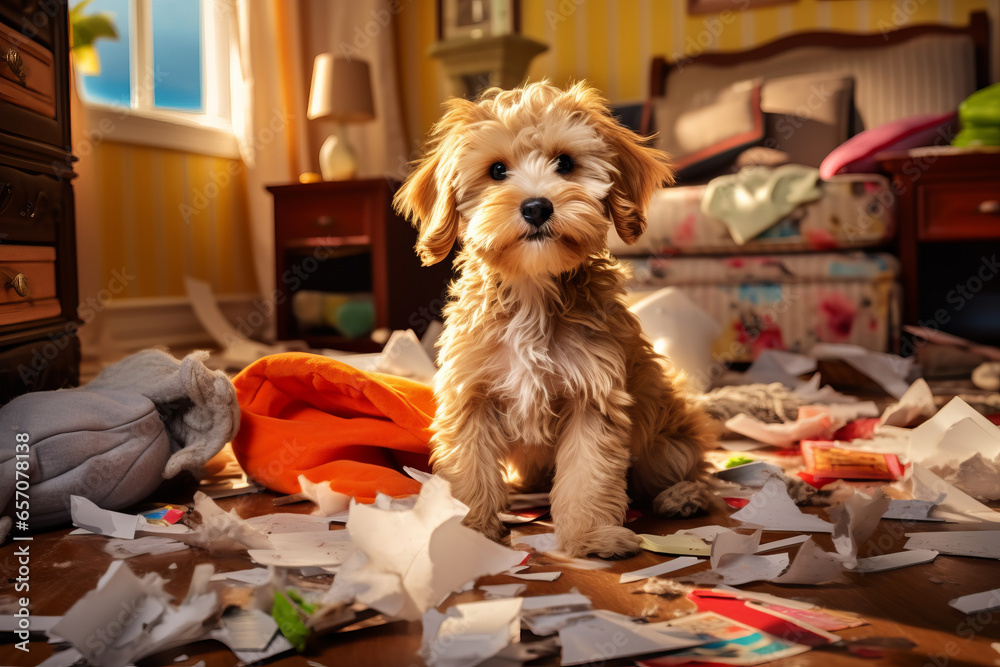 Cute puppy in the middle of mess in living room. Naughty dog making a mess while his owner is away. Behavioral problems in young canines. - obrazy, fototapety, plakaty 