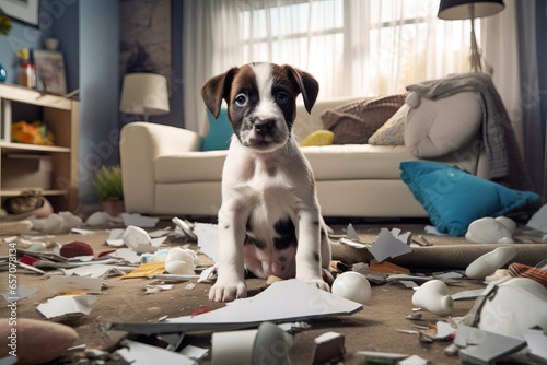 Cute puppy in the middle of mess in living room. Naughty dog making a mess while his owner is away. Behavioral problems in young canines.