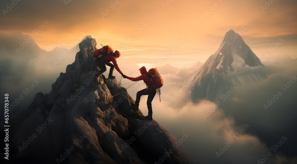 Fototapeta premium Summit Ascent, Climbers Helping Each Other in Mountainous Terrain, Hiker helping friend reach the mountain top, Generative Ai