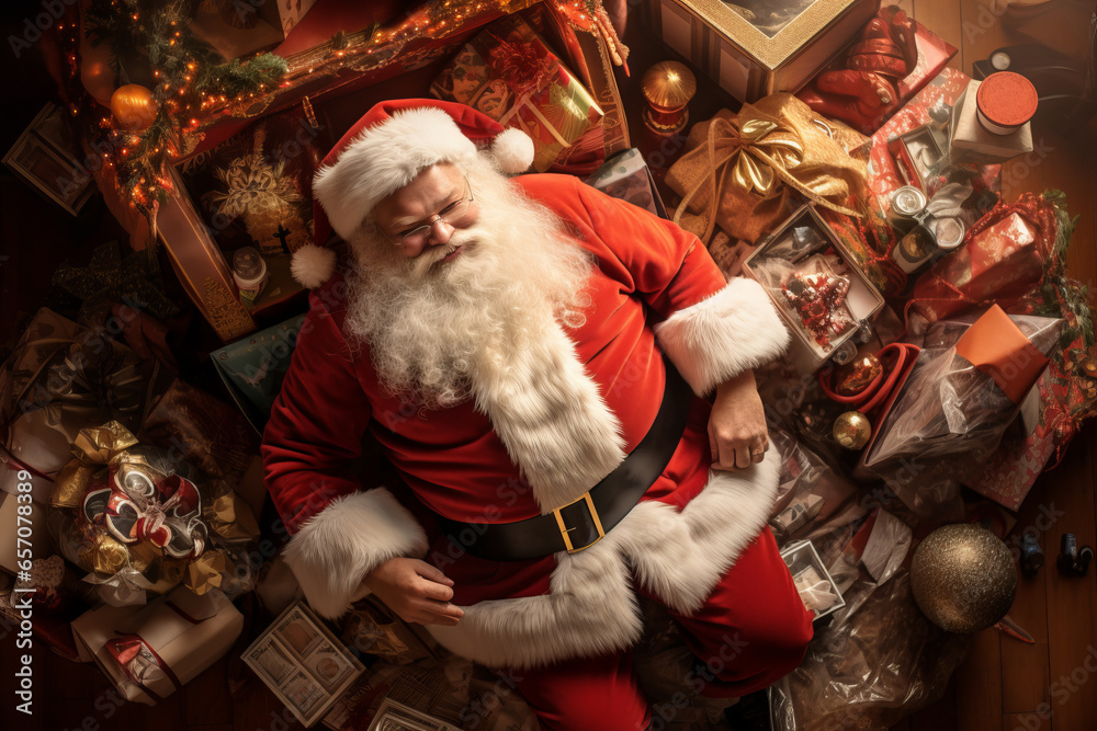 Santa Claus in red outfit surrounded by Christmas presents. Father Christmas bringing gifts to nice children. Top down view.