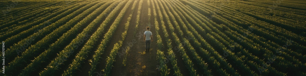 Sunset view of a corn field with a farmer standing in the middle taken from the sky.