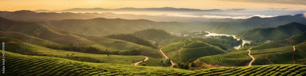Fototapeta premium Sunset view of a Brazilian coffee plantation at