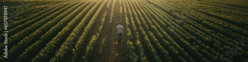 Sunset view of a corn field with a farmer standing in the middle taken from the sky.