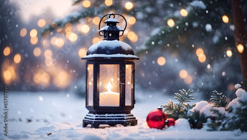 lantern in the snow in a winter park with beautiful bokeh © Nisit