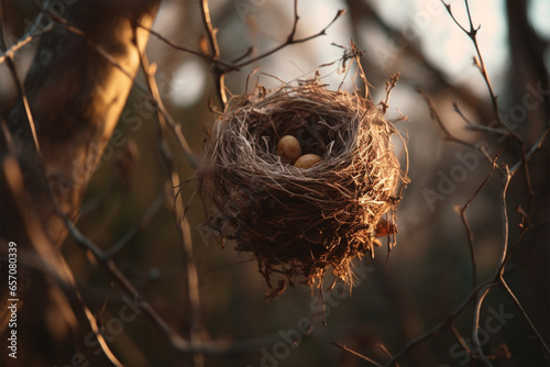 view of bird eggs in a nest on a tree photo