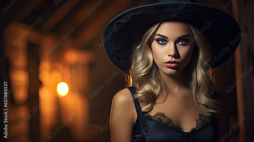 A young woman dressed for Halloween shows a quiet expression. A young woman dressed for Halloween shows a quiet expression.