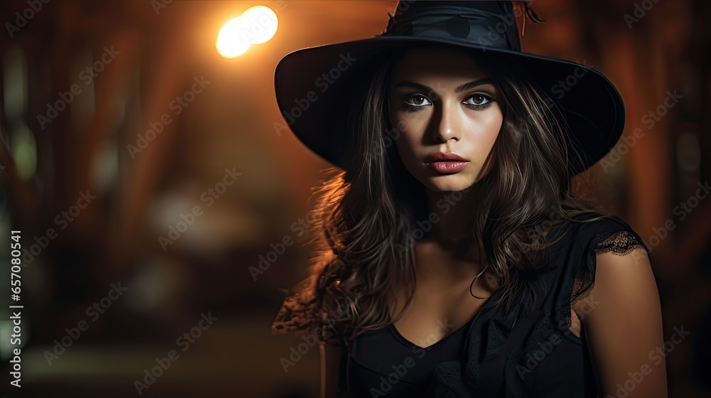 A young woman dressed for Halloween shows a quiet expression. A young woman dressed for Halloween shows a quiet expression.