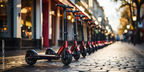 Row of rental electric scooters parked in the city with blurred background - sustainable electric mobility concept photo