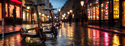 rental electric scooters parked in the city at night with blurred background - sustainable electric mobility concept