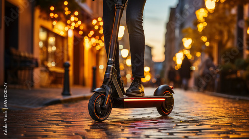 person driving an electric scooter in the city at night with blurred background - sustainable electric mobility concept photo