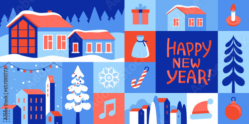 Vector illustration in trendy flat simple style - Merry  Christmas and Happy New Year greeting card and banner - winter landscape with house, happy holidays hand lettering
