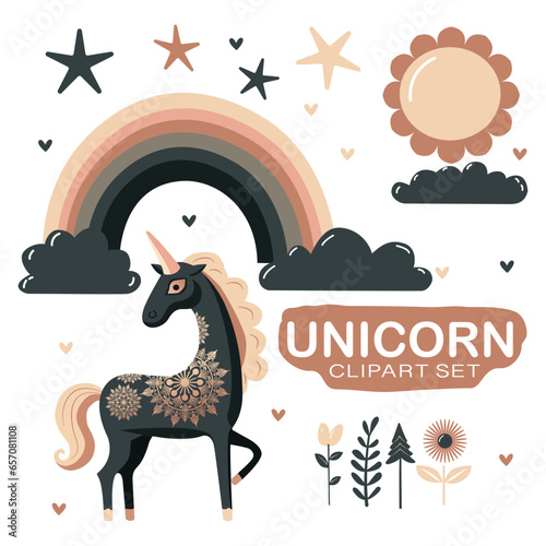 Unicorn Clipart isolated elements for your design. rainbow, hearts, clouds, sun and flowers. Flat Vector illustration