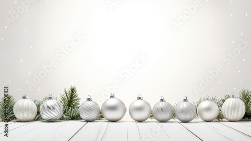 white Christmas ornaments hanging from green fir branches against a clean white wooden backdrop. space on the right for adding text or design elements.