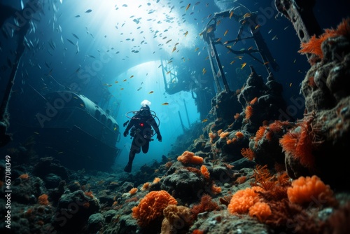  Diver exiting a submarine to explore a vibrant coral reef, Generative AI photo