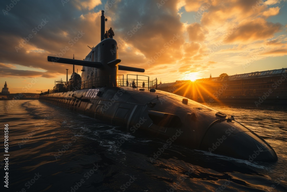Historic submarine silhouette against a beautiful sunset at sea, Generative AI