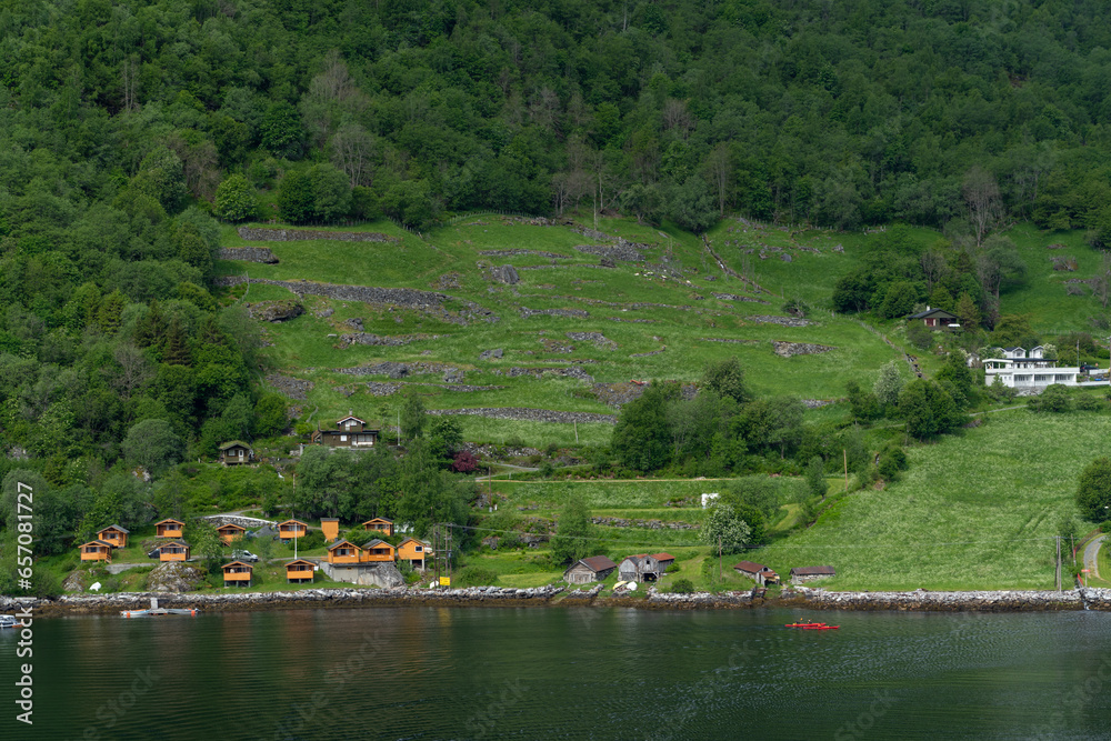 Beautiful landscape with houses in Geiranger fjord, Norway