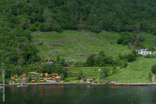 Beautiful landscape with houses in Geiranger fjord  Norway