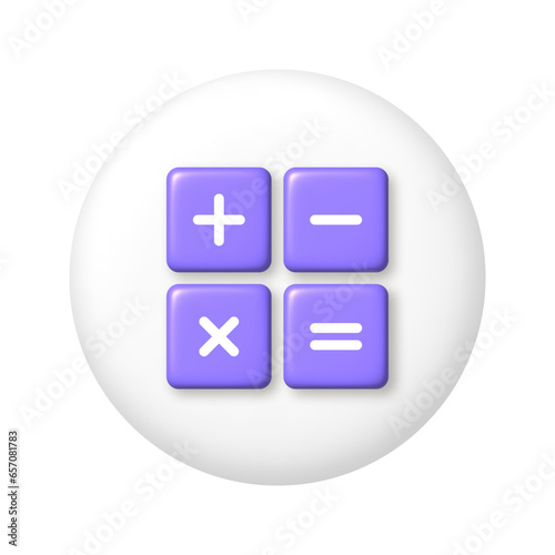 Purple arithmetic icons on white button. 3D vector illustration.