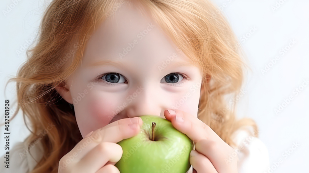 happy Child with ideal teeth eating green apple. Little Handsome girl with Health food. advertising of dentistry and healthy lifestyle happy Child with ideal teeth eating green apple. Little Handsome girl with Health food. advertising of dentistry and healthy lifestyle