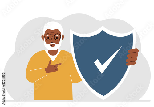 A man holds a shield in his hand, a symbol of insurance. Vector