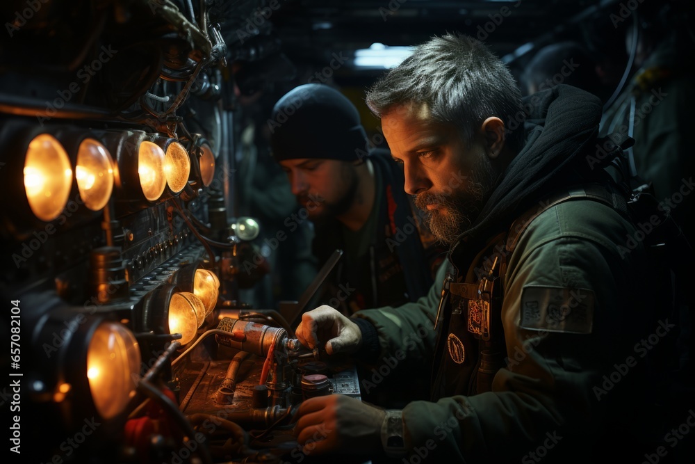 Submarine crew preparing for a dive with equipment and safety checks, Generative AI Submarine crew preparing for a dive with equipment and safety checks, Generative AI