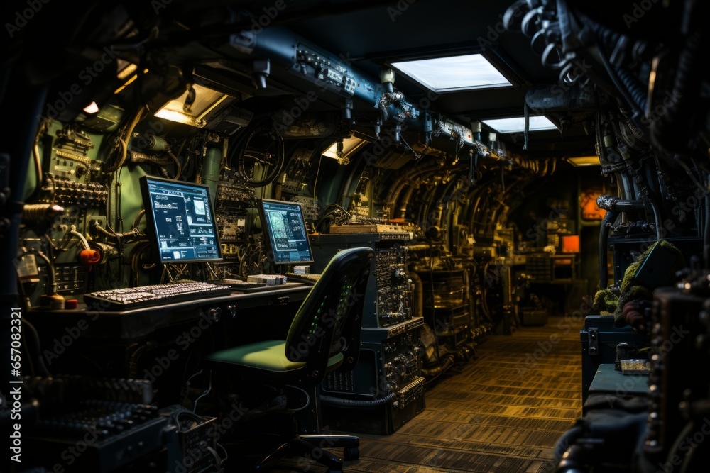 Submarine's control room with sailors monitoring instruments and screens, Generative AI