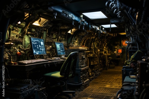 Submarine's control room with sailors monitoring instruments and screens, Generative AI photo