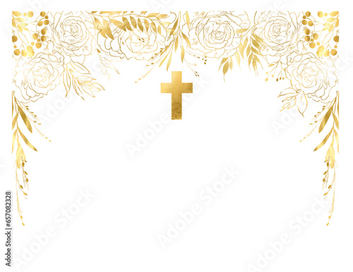 Gold linear Vintage rose bouquet, border, frame with holy cross. Gold floral cross, golden christian cross and flowers, Christian Symbol floral design, gold floral pattern