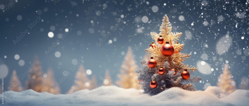 Miniature Christmas tree with beautiful bokeh of Christmas lights on snow, Generative AI Miniature Christmas tree with beautiful bokeh of Christmas lights on snow, Generative AI