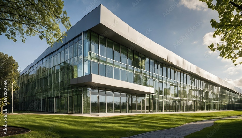 Eco-friendly glass office featuring sustainable building with green environment and trees Eco-friendly glass office featuring sustainable building with green environment and trees