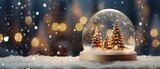 Miniature Christmas tree with beautiful bokeh of Christmas lights on snow, Generative AI